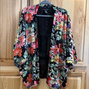 Simply Irresistible Black Colorful Floral Elbow Sleeve Boho Kimono Blazer Sz XL